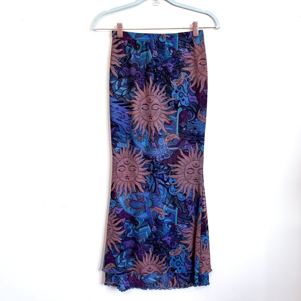 Celestial Womens Mesh Maxi Skirt Small Blue Sheer Lettuce Hem Sun Moon Boho Rave
